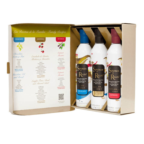 Señoríos de Relleu La Familia Gift Box Delicate Medium and Intense Coupage Extra Virgin Olive Oil in Aluminum bottles 500 ml